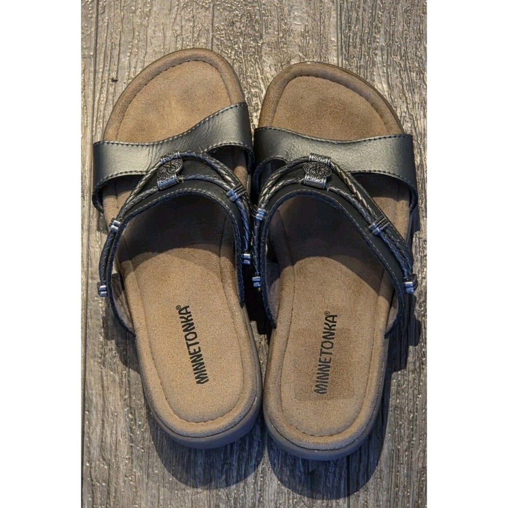 Minnetonka Silverbay Pewter Leather Sandals w/ Braided Metallic Strap- Size 7M